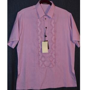 NEW Barong Filipino Men's Medium Formal Embroidered Shirt Short Sleeve NWT Pink